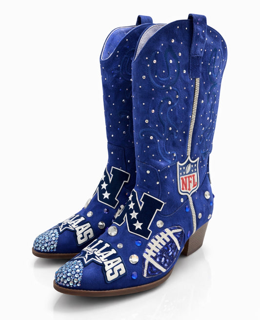 Custom Rhinestone Football Fan Western Boots – Blue Star Inspired Glam Boots