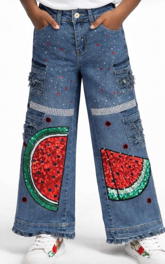 Custom Kids Rhinestone Watermelon Wide-Leg Denim Jeans