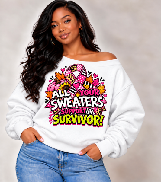 Women's Breast Cancer Awareness White Off-Shoulder Sweatshirt – Choose Your Design | Sizes L–XL