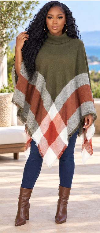 Autumn Plaid Color-Block Poncho