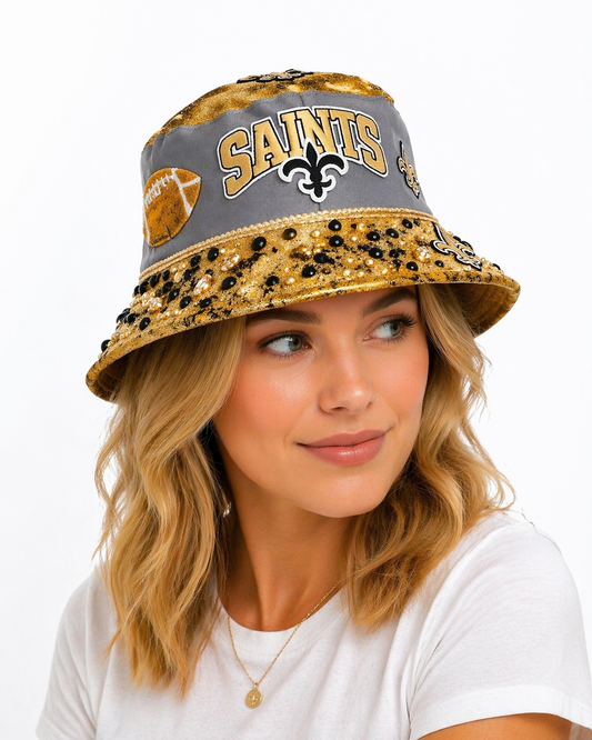 Black & Gold Glam Bucket Hat | Rhinestone Embellished Fan-Inspired Hat | Luxury Statement Streetwear | Game Day Style