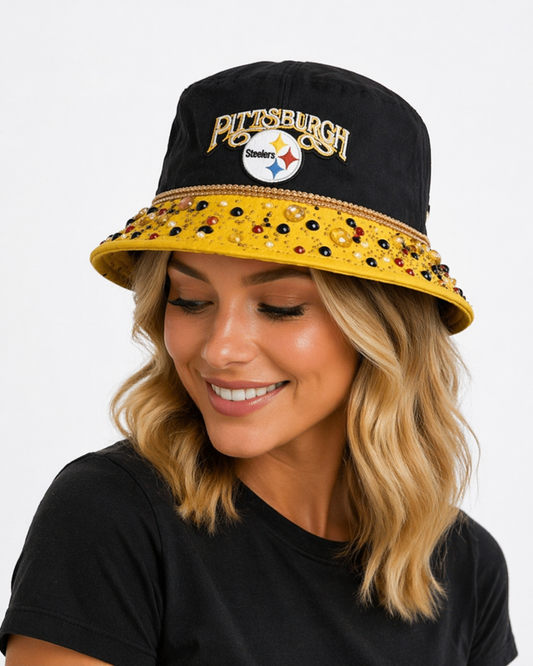 Black & Gold Glam Bucket Hat | Rhinestone Embellished Statement Hat | Luxury Streetwear | Game Day Inspired Style