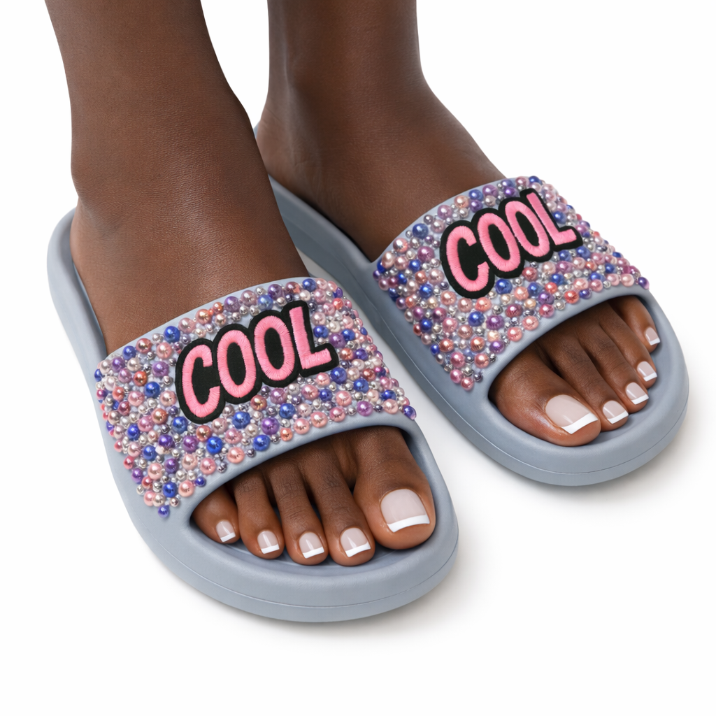 “COOL GIRL” Embellished Slides – Rhinestone Pearl Statement Sandals