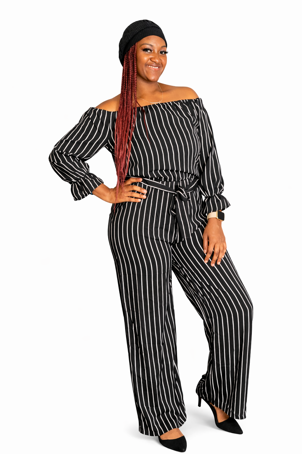 City Chic Pinstripe Off-Shoulder Jumpsuit — Effortless Confidence