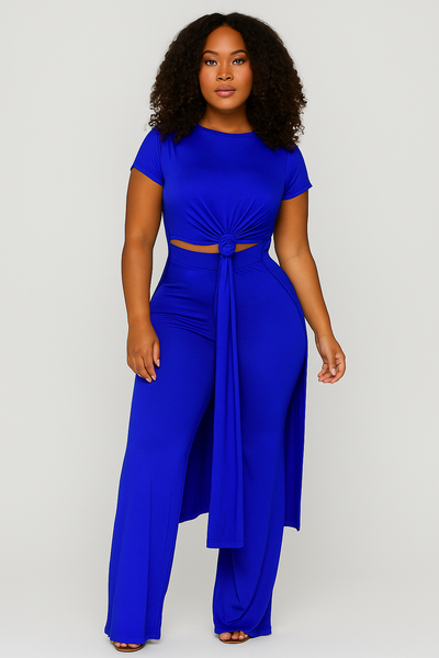 Woman wearing a blue jumpsuit on a white background