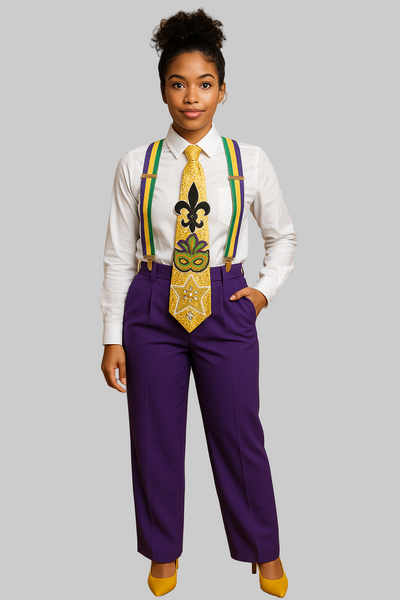 Woman wearing a white shirt, purple pants, yellow shoes, and a decorative tie with suspenders on a beige background