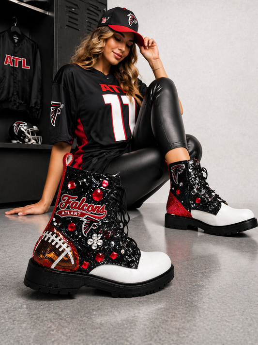 Custom Black & Red Glitter Football-Inspired Combat Boots | Handcrafted Rhinestone Statement Boots | Game Day, Streetwear & Festival Style
