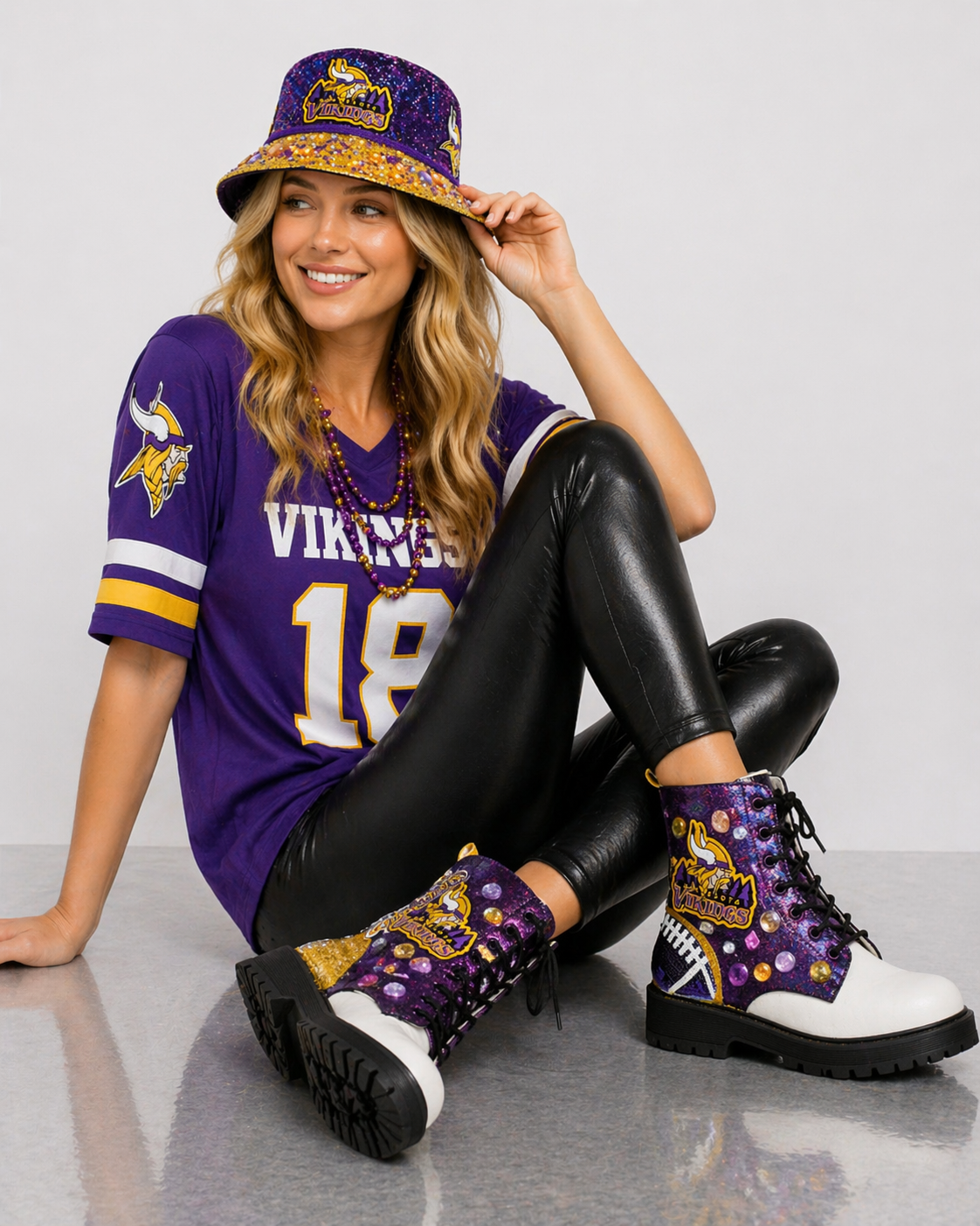 Custom Purple & Gold Glitter Football-Inspired Combat Boots | Handcrafted Rhinestone Statement Boots | Game Day, Festival & Streetwear Style