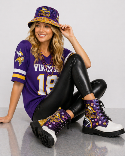 Custom Purple & Gold Glitter Football-Inspired Combat Boots | Handcrafted Rhinestone Statement Boots | Game Day, Festival & Streetwear Style