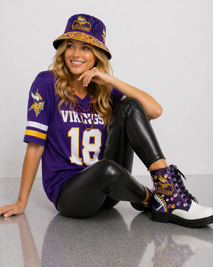 Custom Purple & Gold Glitter Football-Inspired Combat Boots | Handcrafted Rhinestone Statement Boots | Game Day, Festival & Streetwear Style