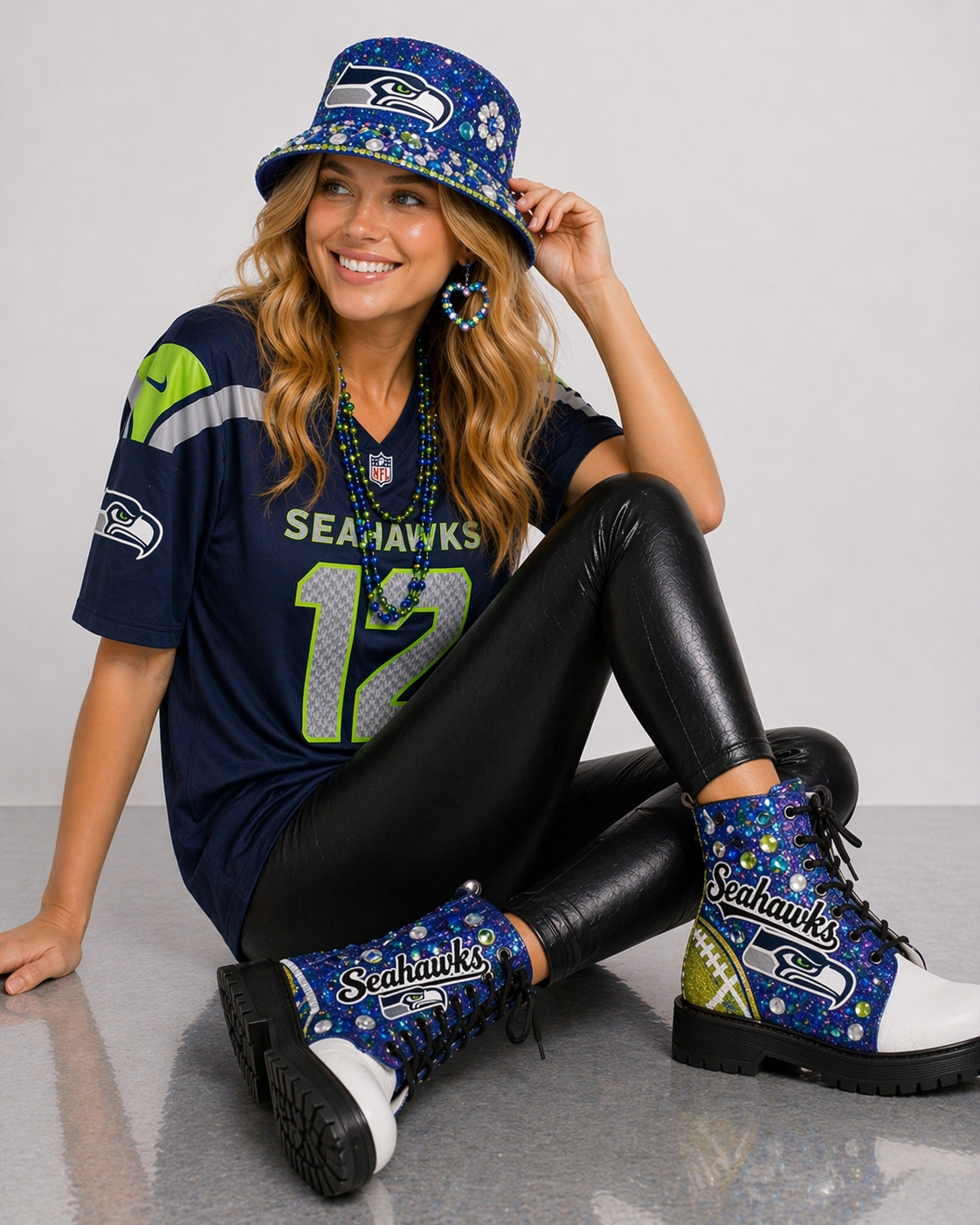 Custom Blue Glitter Football-Inspired Combat Boots | Handcrafted Rhinestone & Pearl Embellished Statement Boots | Festival, Game Day, Streetwear Style