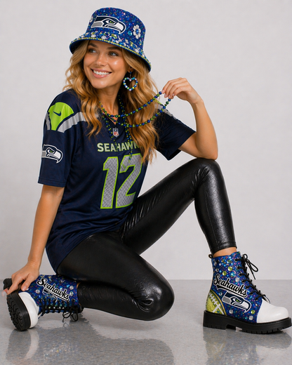 Custom Blue Glitter Football-Inspired Combat Boots | Handcrafted Rhinestone & Pearl Embellished Statement Boots | Festival, Game Day, Streetwear Style