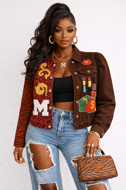 Custom Dyed Rhinestone “Money & Makeup” Patchwork Denim Jacket