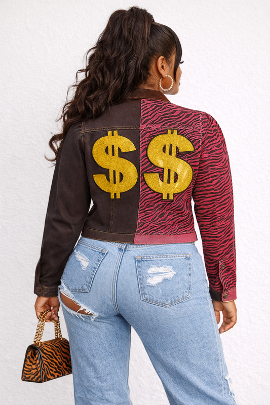 Custom Dyed Rhinestone “Money & Makeup” Patchwork Denim Jacket