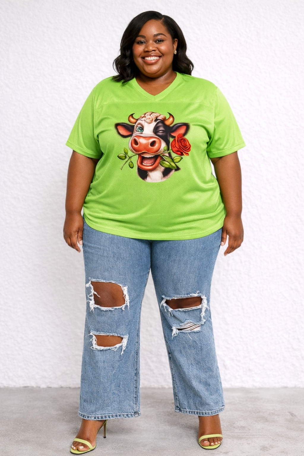 Custom Rhinestone Cow Jersey Top – Lime Green with Playful Cow Design