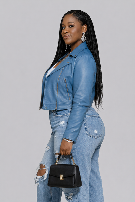 Azure Confidence Cropped Leather Jacket