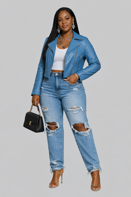 Azure Confidence Cropped Leather Jacket