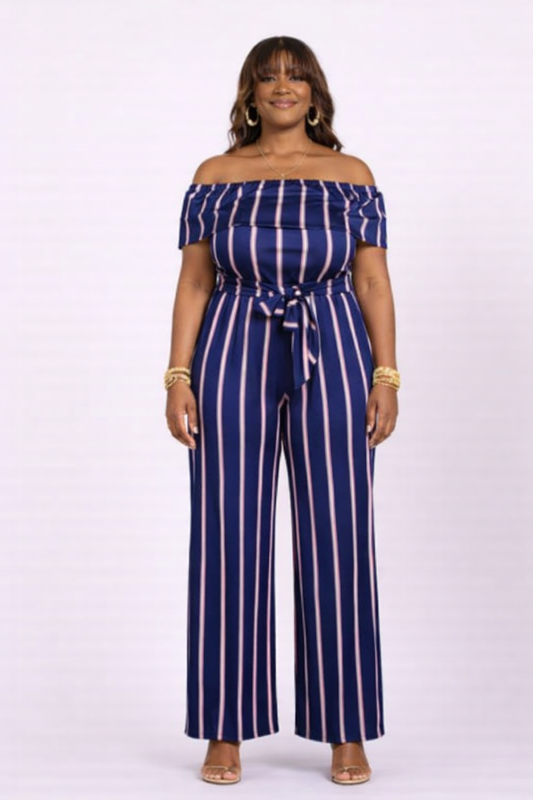 Midnight Stripe Off-Shoulder Wide-Leg Jumpsuit
