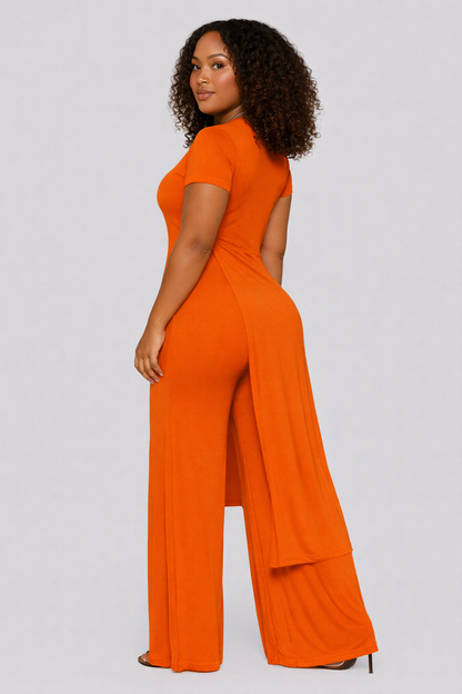 Bold in Burnt Orange Two-Piece Set – Knot Front Top & Wide-Leg Pants