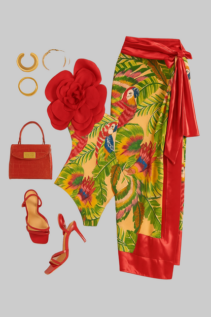 Tropical Paradise Two-Piece Set – Parrot Print Swimsuit & Red Sarong Wrap