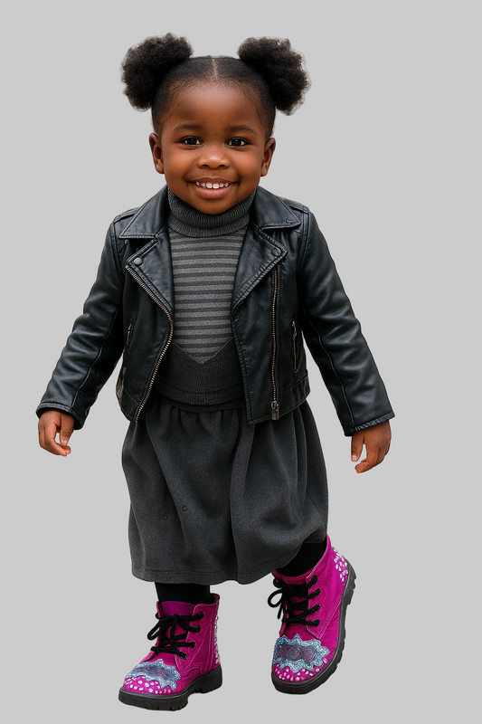 Child wearing a black leather jacket, gray dress, and pink boots with sparkles on a gray background