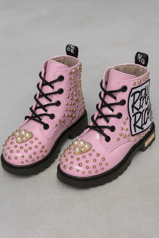 Custom “REAL RICH” Pink Studded Toddler Combat Boots – Size 10
