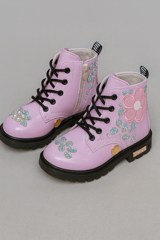 Custom Pink Flower Sparkle Combat Boots – Toddler Size 10