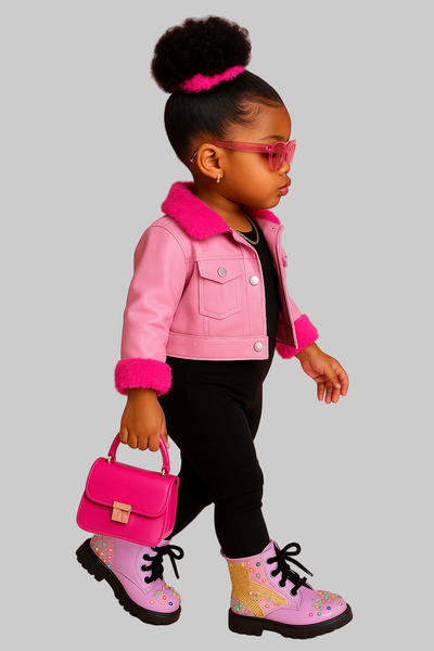 Child wearing a pink jacket with a pink background