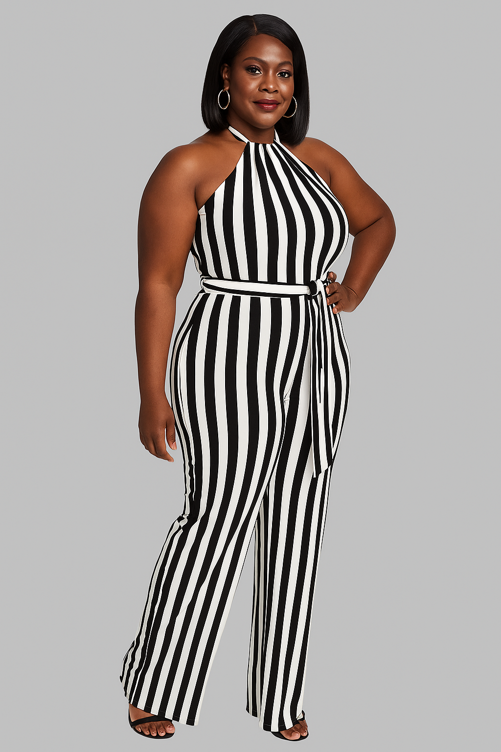 Monochrome Elegance Halter Jumpsuit – Bold Stripes, Timeless Style