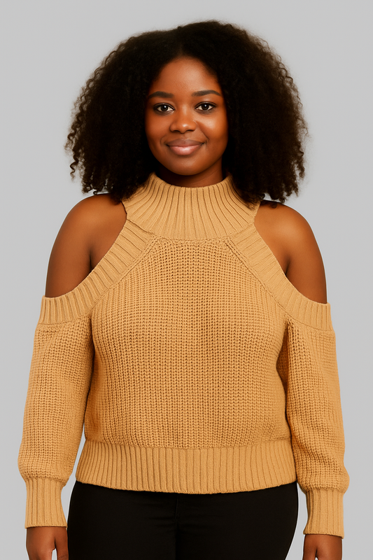 Camel Knit Cold-Shoulder Sweater