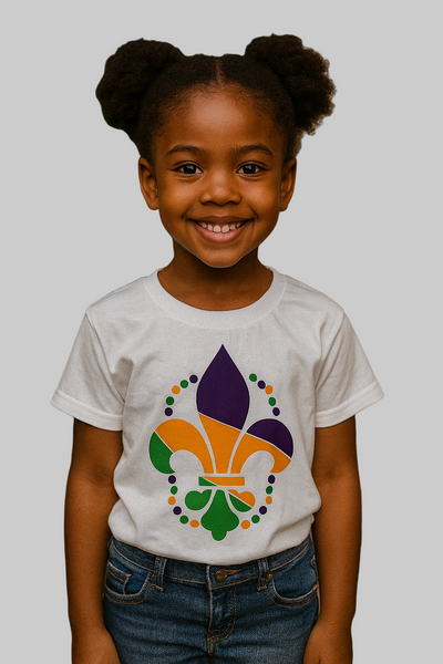 Young girl wearing a white t-shirt with a colorful logo, standing outdoors.