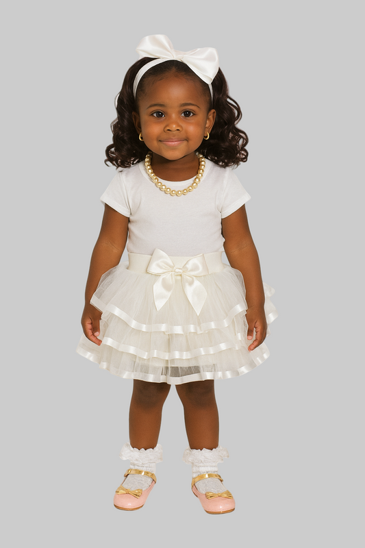 Young girl wearing a white dress with lights, pearl necklace, and bow on a white background