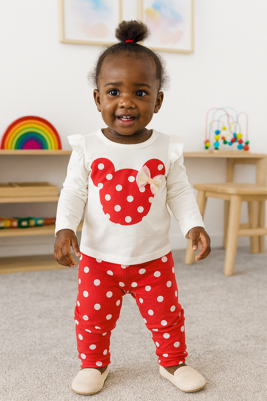 Child wearing a red and white polka dot outfit with a mouse design in a room with toys and a rainbow.