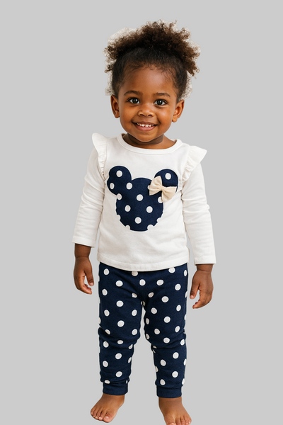 Child wearing a white shirt with a navy blue design and navy blue pants with white polka dots against a white brick wall.