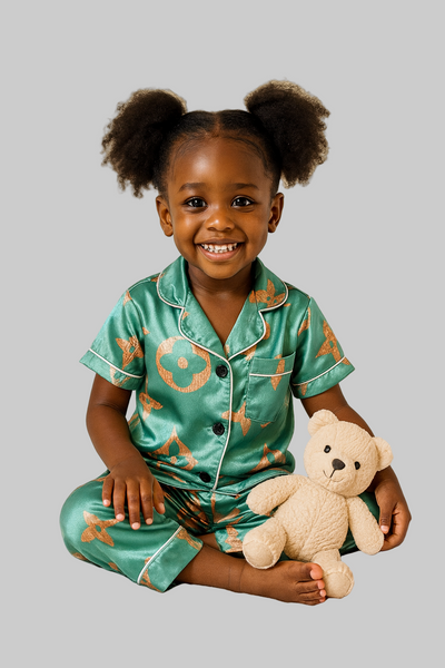Child wearing green pajamas with a teddy bear on a bed