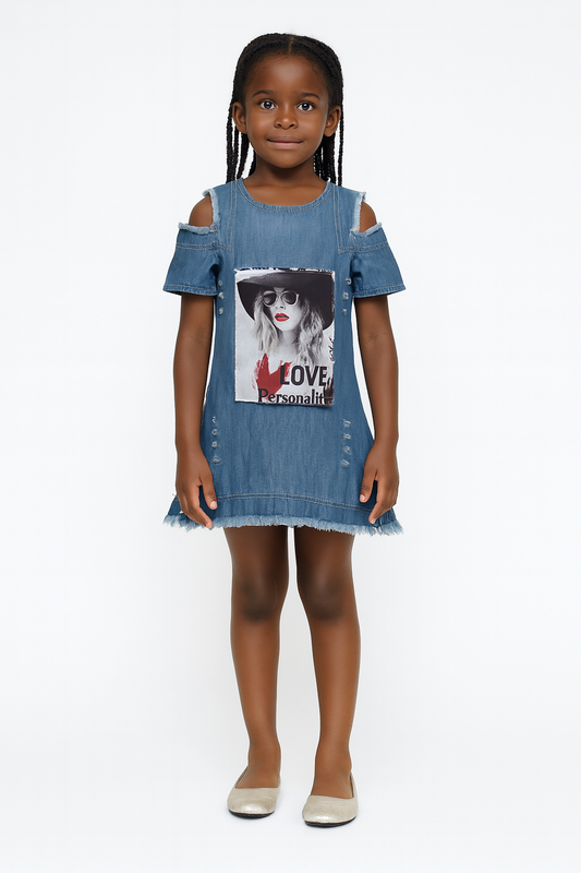 Stylish Girls Denim Cold-Shoulder Dress – Trendy Distressed Jean Dress with Graphic Detail