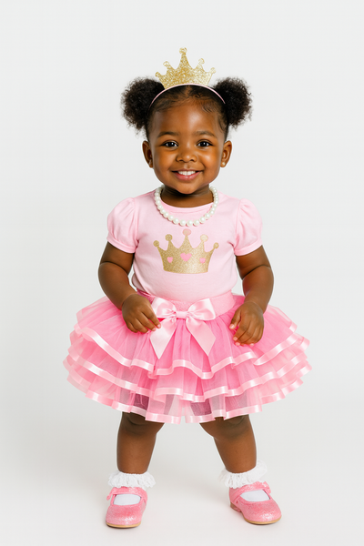 Child wearing a pink princess outfit with a tiara on a white background
