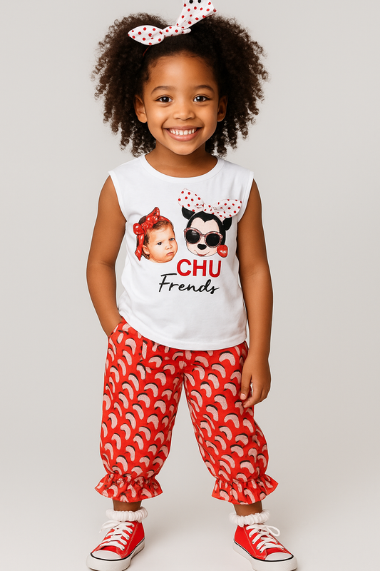 Adorable “Chic Friends” Girls Outfit – Graphic Top & Patterned Pants Set