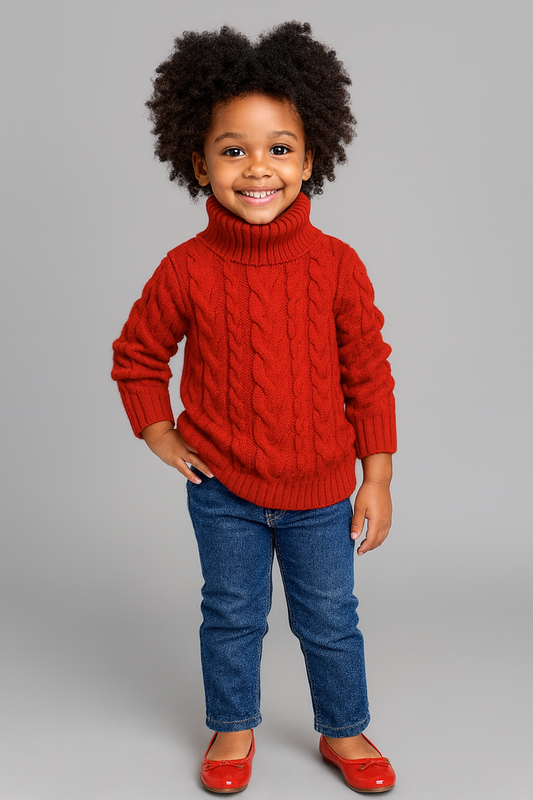 Child wearing a red sweater and blue jeans on a gray background