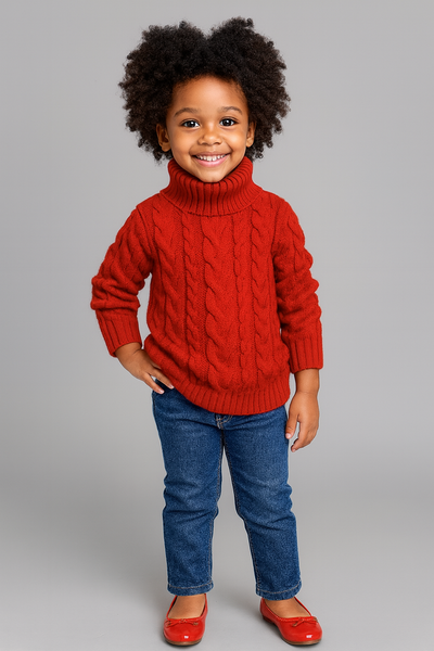 Child wearing a red sweater and blue jeans on a gray background