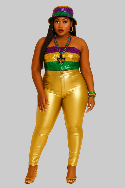Woman wearing a colorful outfit with a gold pants and multicolored top on a beige background