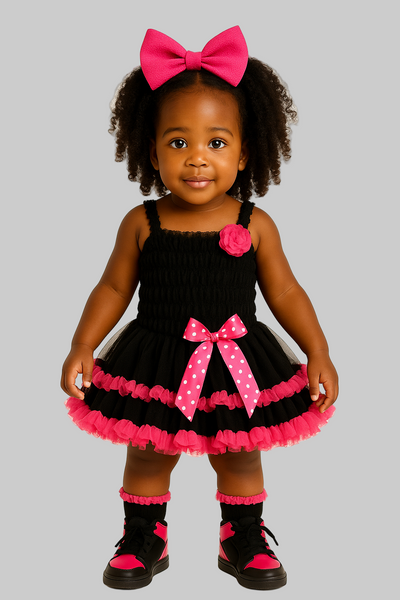 Child wearing a black dress with pink accents on a white background