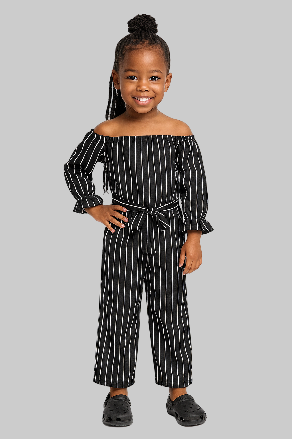 Kids Black & White Striped Off-Shoulder Jumpsuit – Twinslocedattwo
