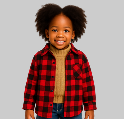Child wearing a red and black plaid shirt, beige sweater, and blue jeans with brown boots on a gray background
