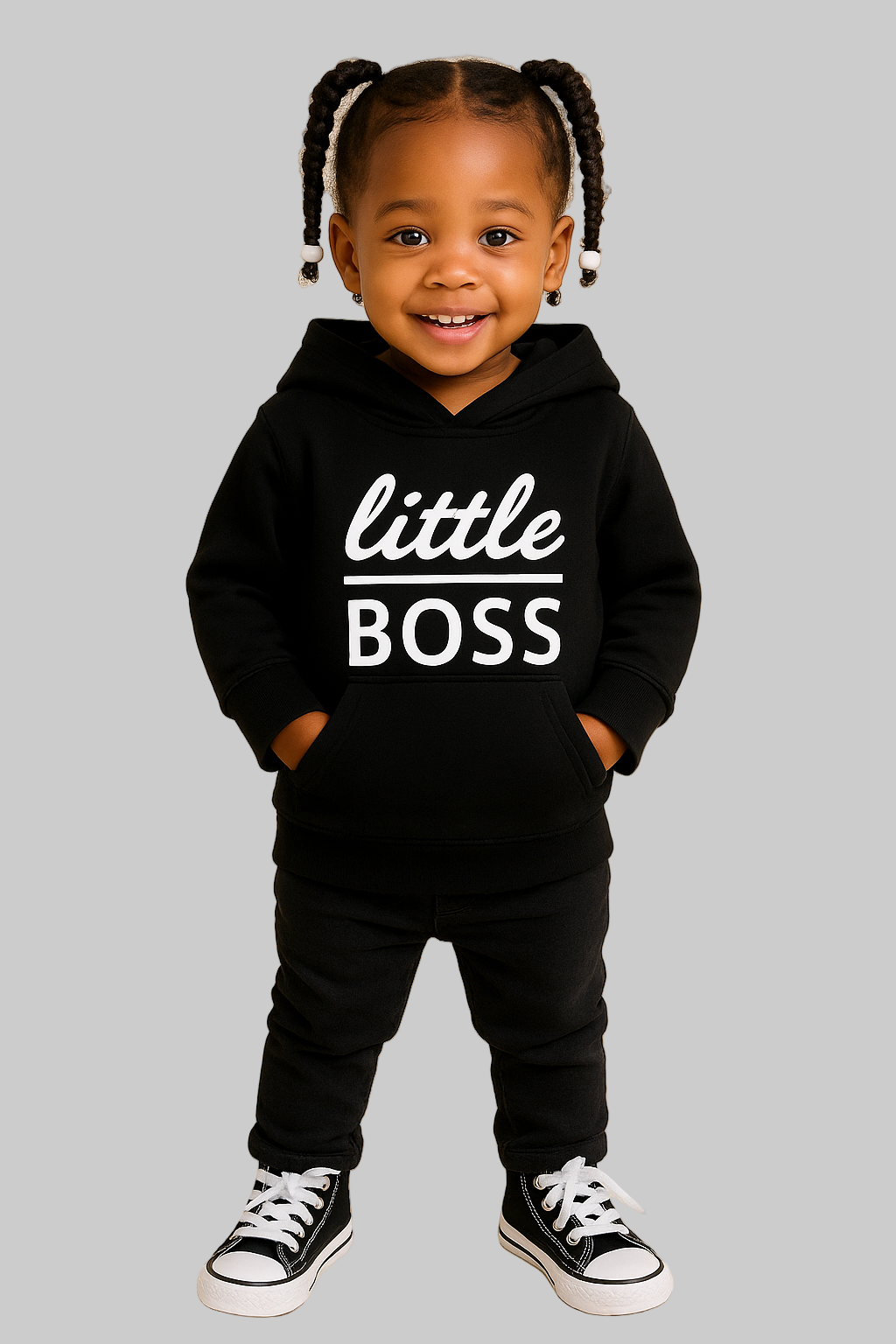 Child wearing a black hoodie with 'little BOSS' text in a room with toys and books.