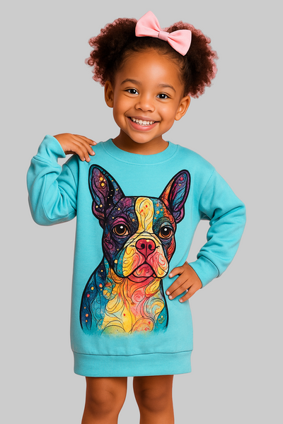 Child wearing a turquoise sweatshirt with a colorful dog design on a pink background