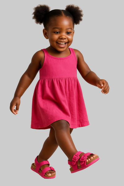 Child wearing a pink dress and sandals on a beige background