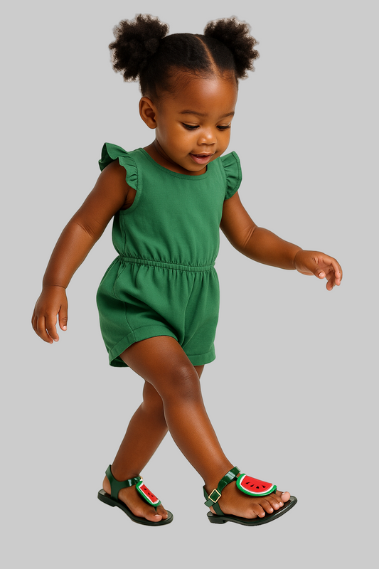 Child wearing a green romper and watermelon sandals on a white background