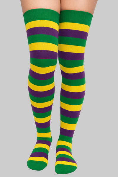 Green, yellow, and purple striped knee-high socks on a plain background