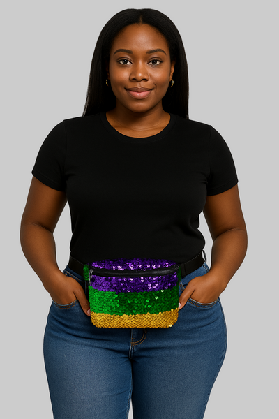 Person wearing a black t-shirt and blue jeans with a colorful sequin belt bag.